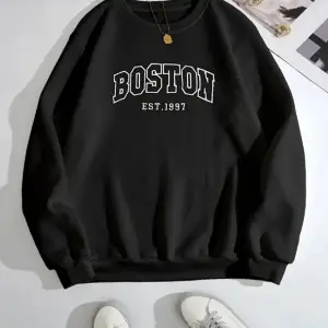 Siyah Unisex Boston Baskılı 0 Yaka Kapşonsuz Pamuklu Sweatshirt