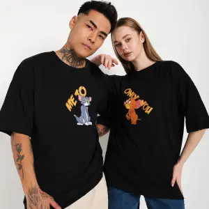 Siyah Unisex Ikili Me To Only You Baskılı Oversize T-shirt