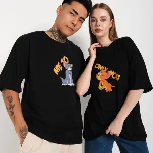 Siyah Unisex Ikili Me To Only You Baskılı Oversize T-shirt