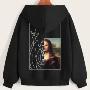 Siyah Unisex Mona Lisa Baskılı Fermuarlı Kapşonlu Oversize Sweat Ceket