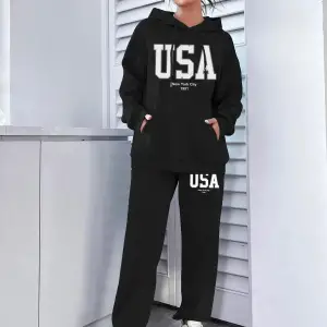 Siyah Usa Dijital Baskılı Kışlık UNİSEX Eşofman Takımı