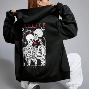 Skeleton & Letter Graphic Zip Up Hoodie Siyah