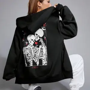 Skeleton & Letter Graphic Zip Up Hoodie Siyah