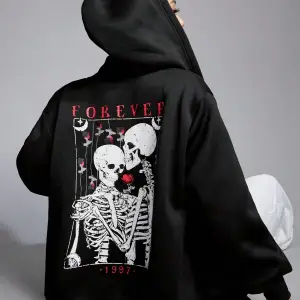 Skeleton & Letter Graphic Zip Up Hoodie Siyah