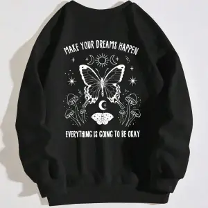 Slogan & Butterfly Print Pullover Siyah