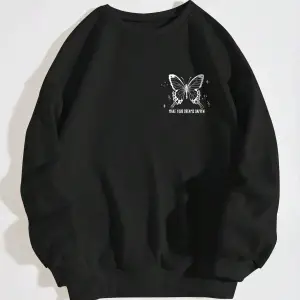 Slogan & Butterfly Print Pullover Siyah