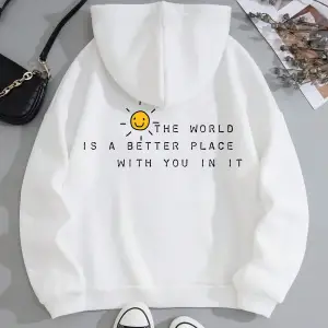 Slogan Graphic Drawstring Lined Kangaroo Pocket Hoodie Beyaz