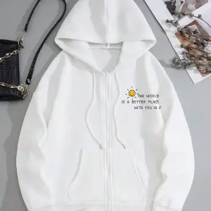 Slogan Graphic Drawstring Lined Kangaroo Pocket Hoodie Beyaz