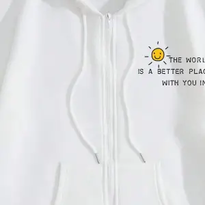 Slogan Graphic Drawstring Lined Kangaroo Pocket Hoodie Beyaz