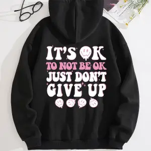 Slogan Graphic Zip Up Drawstring Lined Hoodie Siyah