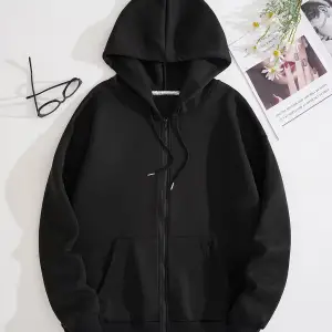 Slogan Graphic Zip Up Drawstring Lined Hoodie Siyah