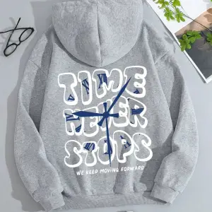 Sloganlı Grafik İpli Kapüşonlu Üst Gri