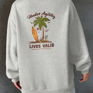 Sloganlı ve Tropikal Baskılı Düşük Sweat Gri