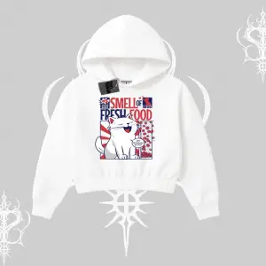 Smell of Fresh Food Kedi Baskılı Kapşonlu Crop Sweatshirt