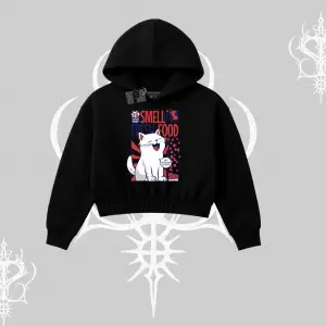 Smell of Fresh Food Kedi Baskılı Kapşonlu Crop Sweatshirt