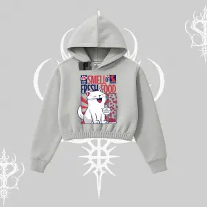 Smell of Fresh Food Kedi Baskılı Kapşonlu Crop Sweatshirt