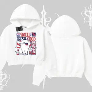 Smell of Fresh Food Kedi Baskılı Kapşonlu Crop Sweatshirt