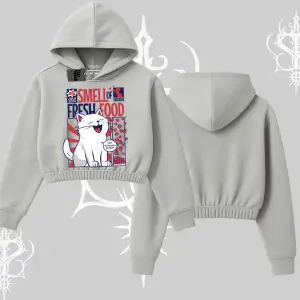 Smell of Fresh Food Kedi Baskılı Kapşonlu Crop Sweatshirt