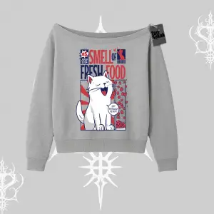 Smell of Fresh Food Kedi Baskılı Kayık Yaka Sweatshirt