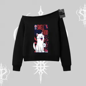 Smell of Fresh Food Kedi Baskılı Kayık Yaka Sweatshirt