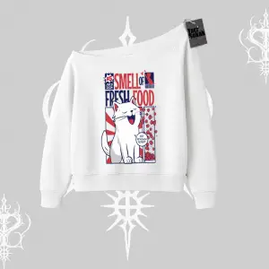 Smell of Fresh Food Kedi Baskılı Kayık Yaka Sweatshirt