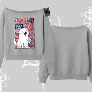 Smell of Fresh Food Kedi Baskılı Kayık Yaka Sweatshirt