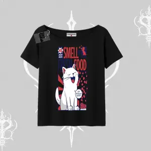 Smell of Fresh Food Kedi Baskılı Kayık Yaka Tshirt