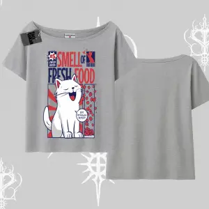 Smell of Fresh Food Kedi Baskılı Kayık Yaka Tshirt