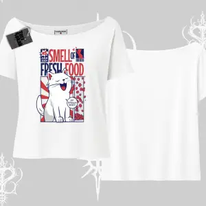 Smell of Fresh Food Kedi Baskılı Kayık Yaka Tshirt