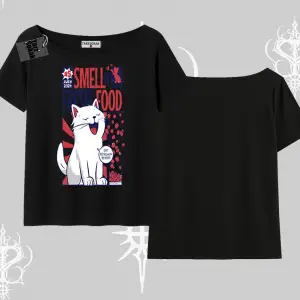 Smell of Fresh Food Kedi Baskılı Kayık Yaka Tshirt