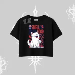 Smell of Fresh Food Kedi Baskılı Oversize Crop Tshirt