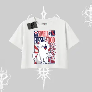 Smell of Fresh Food Kedi Baskılı Oversize Crop Tshirt
