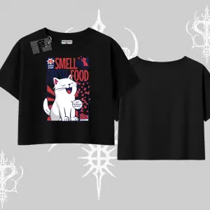 Smell of Fresh Food Kedi Baskılı Oversize Crop Tshirt