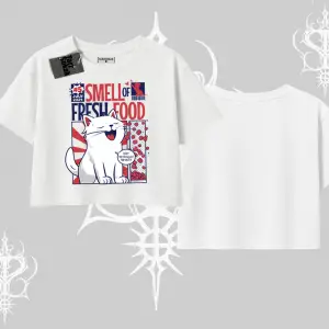 Smell of Fresh Food Kedi Baskılı Oversize Crop Tshirt