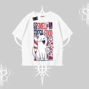 Smell of Fresh Food Kedi Baskılı Oversize Tshirt
