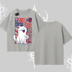 Smell of Fresh Food Kedi Baskılı Oversize Tshirt