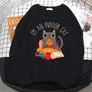 Sokak kadın tişörtü kedi oturma ve yeme Pizza baskı Hoodies rahat tüm matematik kazak Loose g