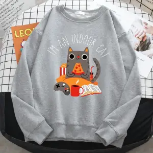 Sokak kadın tişörtü kedi oturma ve yeme Pizza baskı Hoodies rahat tüm matematik kazak Loose g