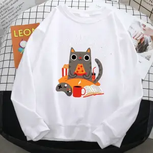 Sokak kadın tişörtü kedi oturma ve yeme Pizza baskı Hoodies rahat tüm matematik kazak Loose g