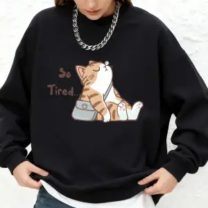 Soyut Kedi Çok Yorgun Baskılı Sweatshirt Kadın Günlük Yuvarlak Yaka Bol Kapüşonlu Sıcak Uzun