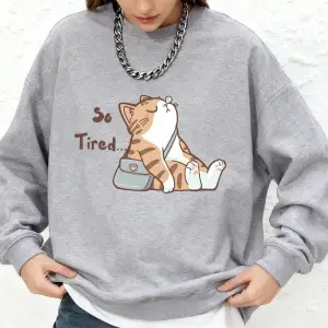 Soyut Kedi Çok Yorgun Baskılı Sweatshirt Kadın Günlük Yuvarlak Yaka Bol Kapüşonlu Sıcak Uzun
