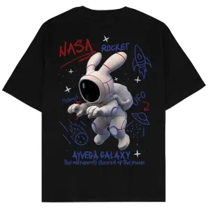 Space Bunny Siyah Oversize Unisex T-shirt