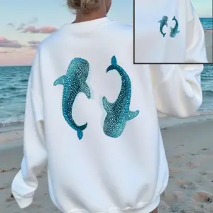 Sperm Balinası Mavi Baskı Tişörtü Kadın Gevşek Rahat Kapüşonlular Polar Sıcak Bisiklet Yaka G