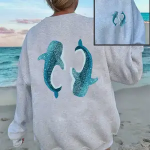 Sperm Balinası Mavi Baskı Tişörtü Kadın Gevşek Rahat Kapüşonlular Polar Sıcak Bisiklet Yaka G