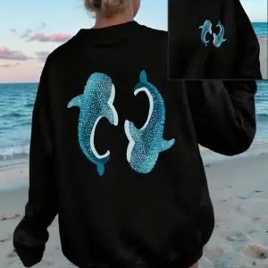 Sperm Balinası Mavi Baskı Tişörtü Kadın Gevşek Rahat Kapüşonlular Polar Sıcak Bisiklet Yaka G