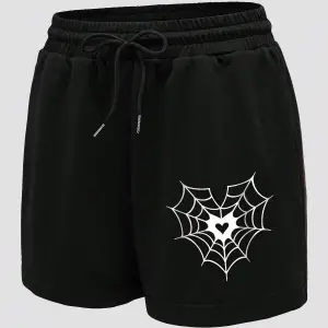 Spider Web & Heart Print Drawstring Waist Şort