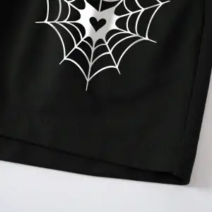 Spider Web & Heart Print Drawstring Waist Şort