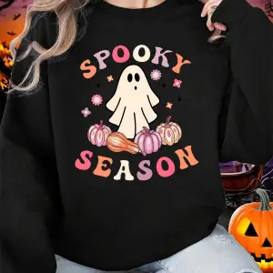 Spooky Sezon Kazak Hayalet Baskılar Cadılar Bayramı Kadın Kış Polar Hoodie Crewneck Gevşek Ka