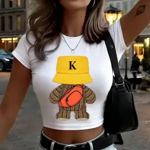 Spor Yünlü Ayı Baskılı Kadın Babby TeeT-Shirt Yaz Yüksek Elastik Yumuşak Üstler İnce Kısa Kollu T