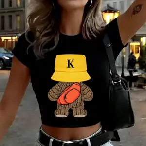 Spor Yünlü Ayı Baskılı Kadın Babby TeeT-Shirt Yaz Yüksek Elastik Yumuşak Üstler İnce Kısa Kollu T